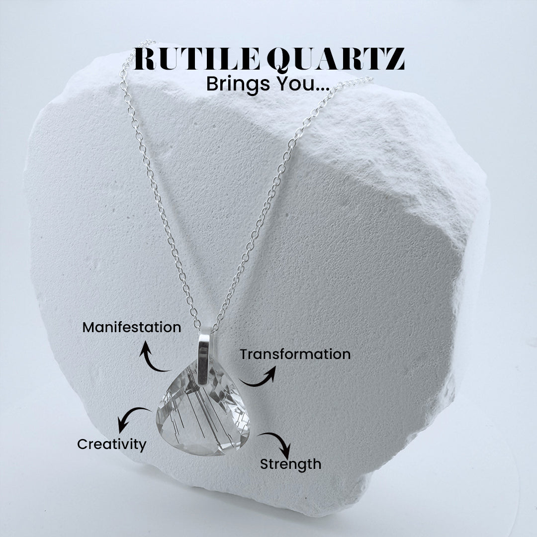 Black Rutile Quartz Teardrop Pendant - 925 Sterling Silver