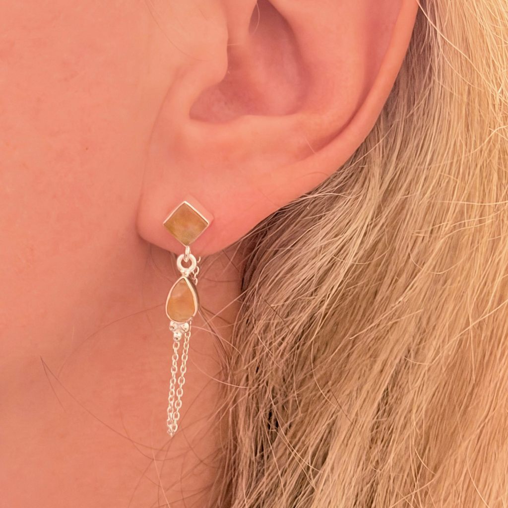 Natural Citrine Stud Earrings with Silver Chain Drop – 925 Sterling Silver