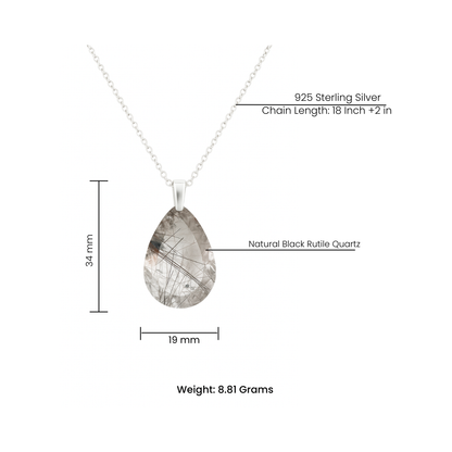 Natural Black Rutile Quartz Teardrop Pendant - 925 Sterling Silver