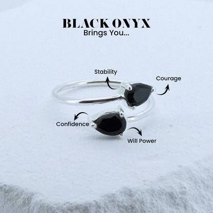 Natural Black Onyx Ring - Adjustable 925 Sterling Silver