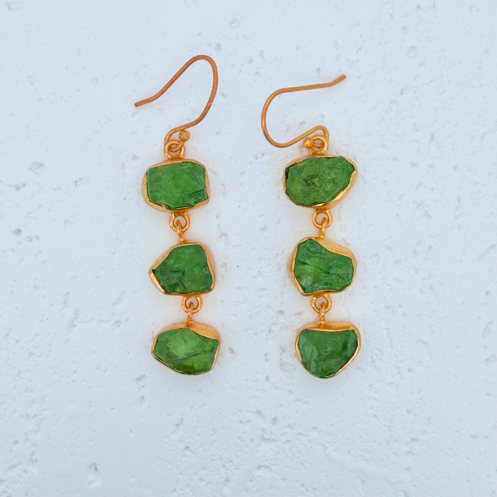Triple Raw Peridot Drop Earrings – Handmade in Gold Vermeil
