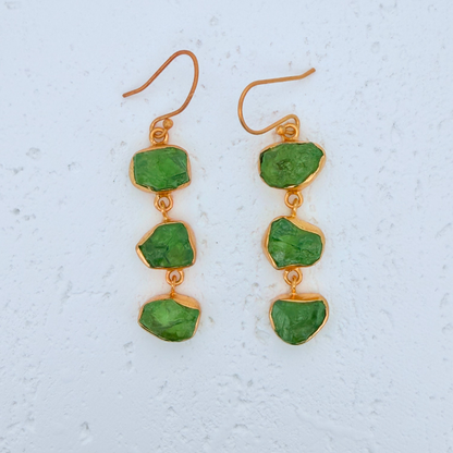 Triple Raw Peridot Drop Earrings – Handmade in Gold Vermeil