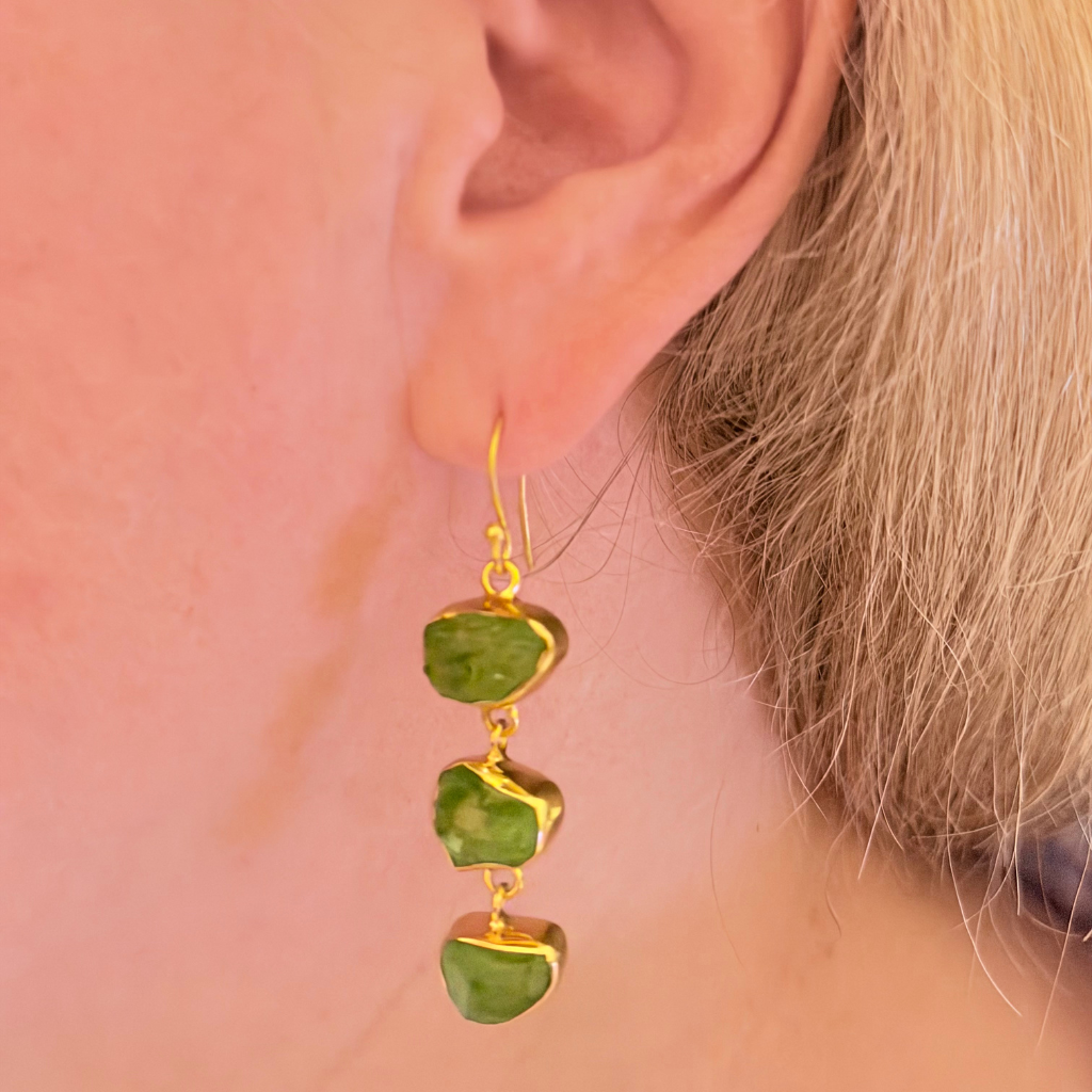Triple Raw Peridot Drop Earrings – Handmade in Gold Vermeil
