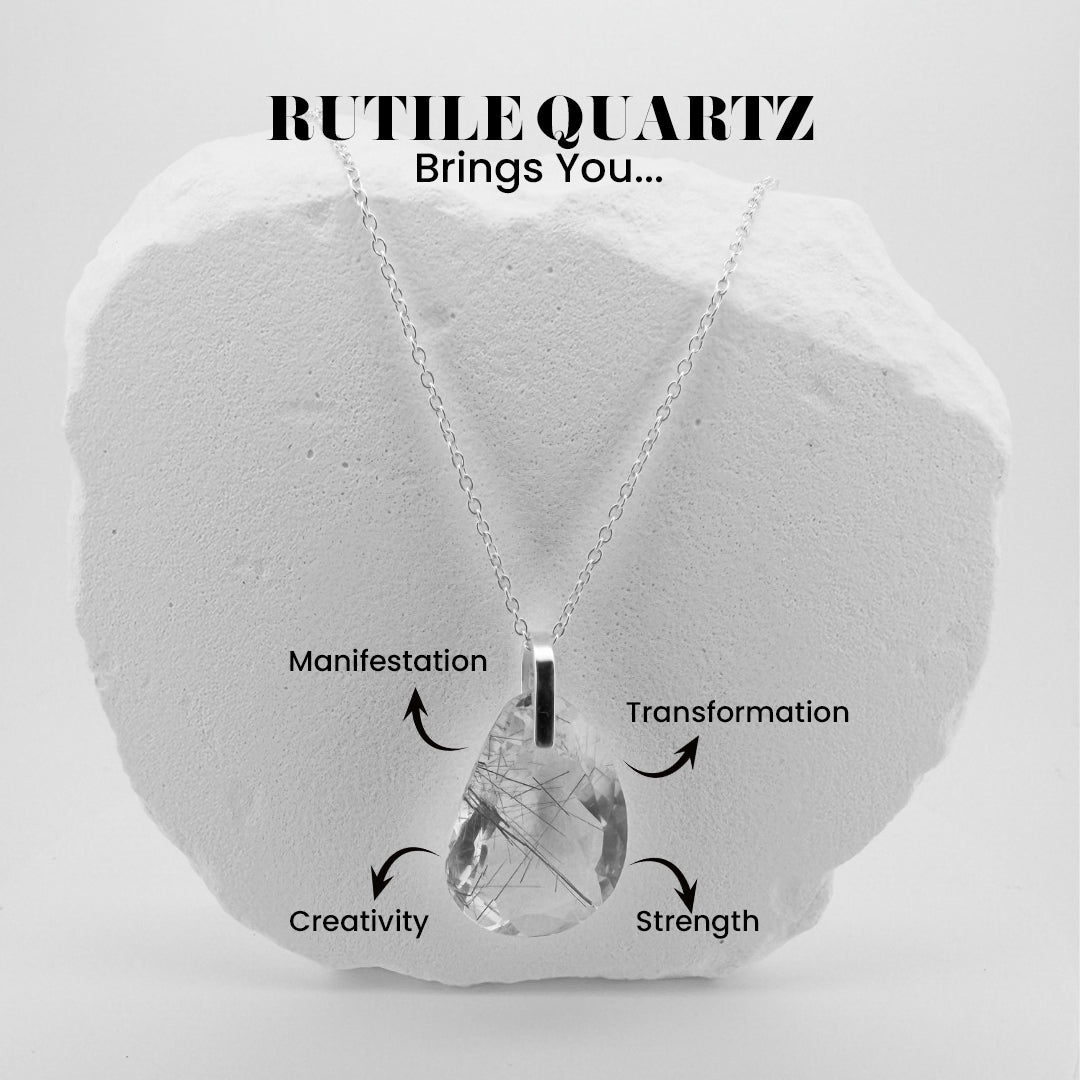 Natural Black Rutile Quartz Teardrop Pendant - 925 Sterling Silver