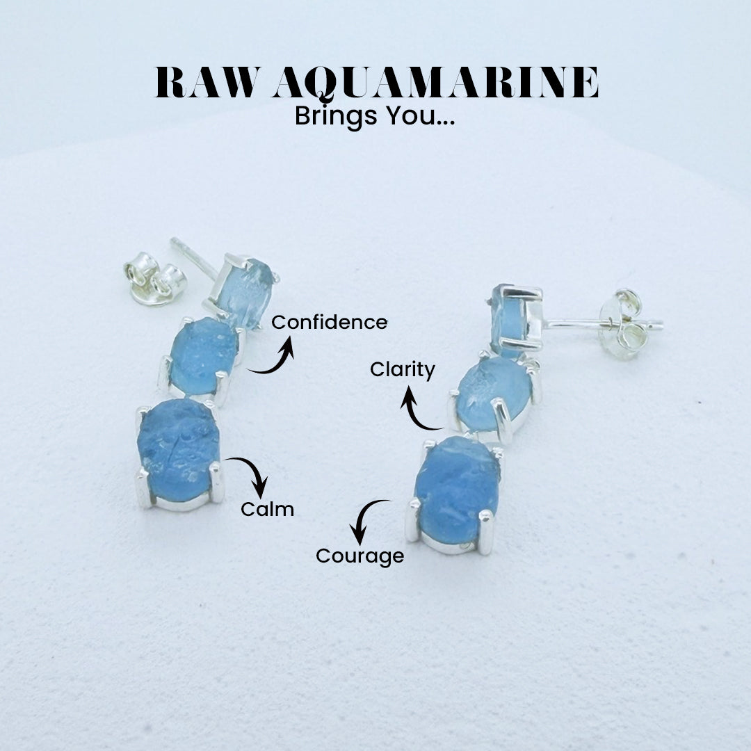 Raw Aquamarine Drop Earrings - 925 Sterling Silver