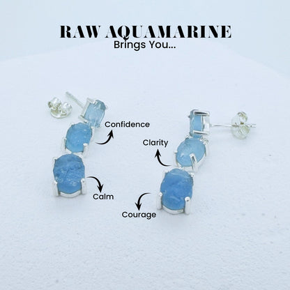 Raw Aquamarine Drop Earrings - 925 Sterling Silver