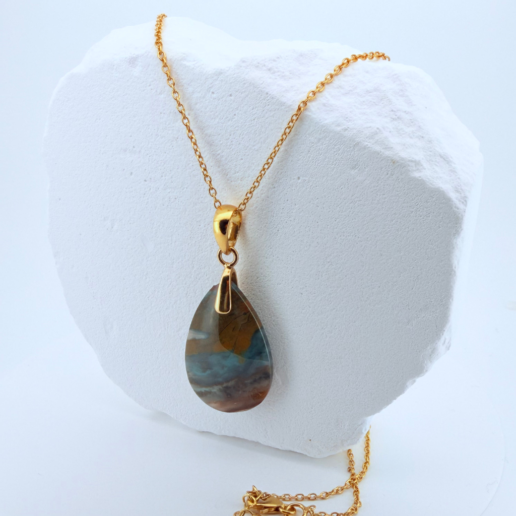 Natural Blue Opal Wood Cabochon Pendant – 18K Gold Vermeil