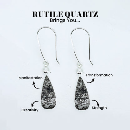 Natural Black Rutile Quartz Earrings - 925 Sterling Silver Long Drop