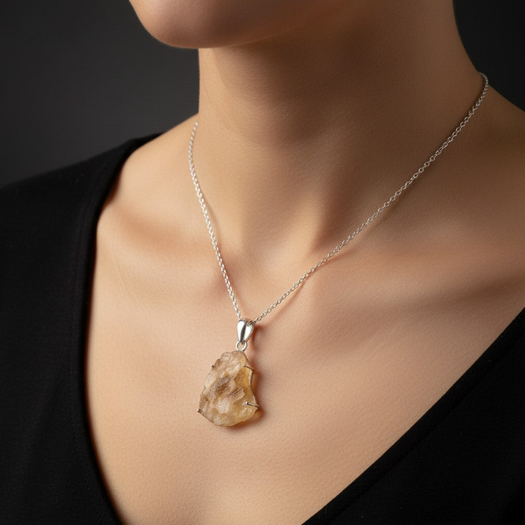 Natural Raw Libyan Desert Glass In Sterling Silver Pendant