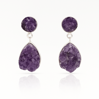 Natural Amethyst Druzy Earrings - 925 Sterling Silver