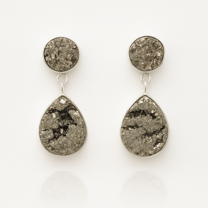 Natural Pyrite Druzy Drop Earrings - 925 Sterling Silver