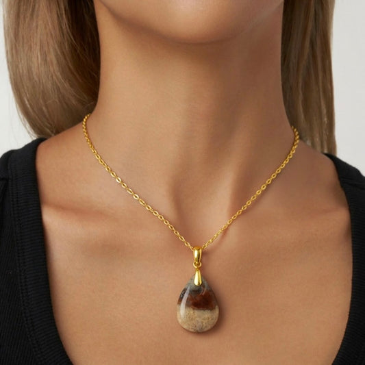 Natural Plume Opalized Wood Cabochon Pendant – 18K Gold Vermeil