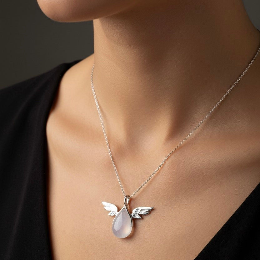 Natural Moonstone Angel Wing Pendant - 925 Sterling Silver