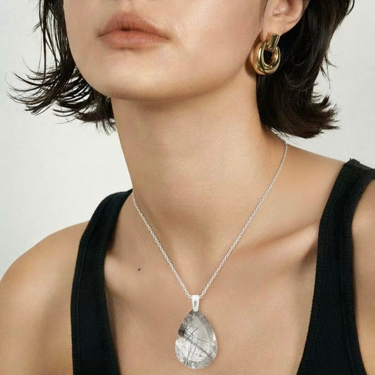 Natural Black Rutile Quartz Teardrop Pendant - 925 Sterling Silver
