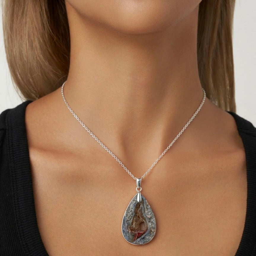 Natural Agate Teardrop Pendant -  925 Sterling Silver