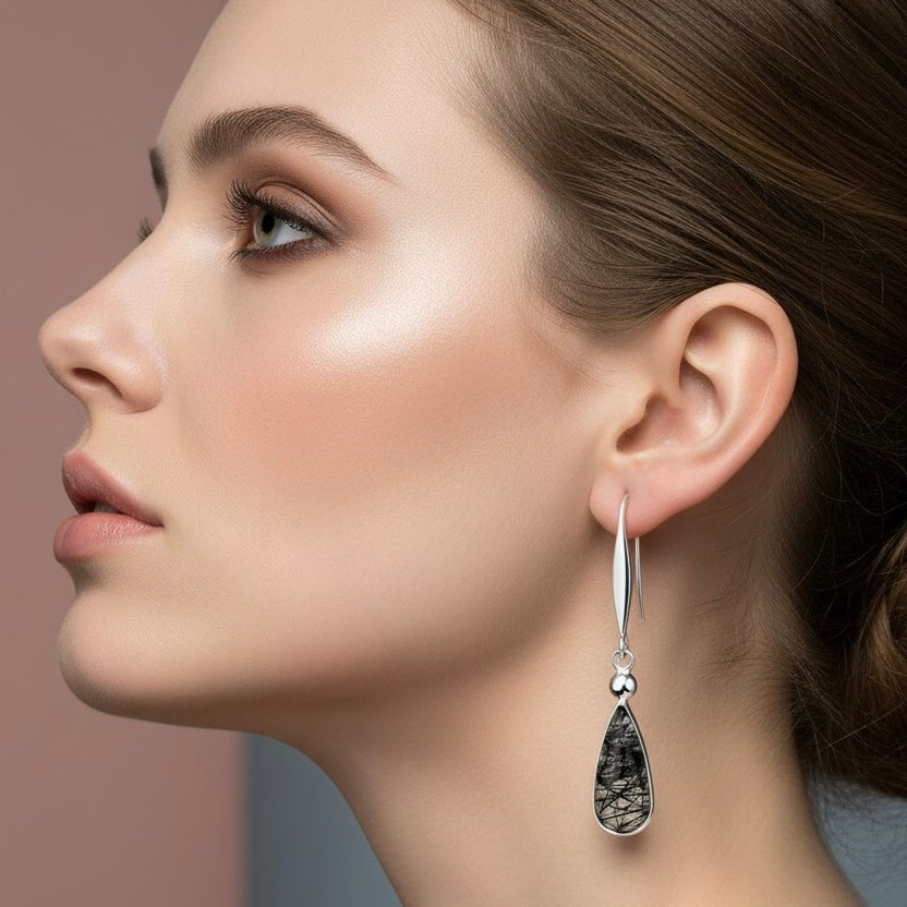 Natural Black Rutile Quartz Earrings - 925 Sterling Silver Long Drop