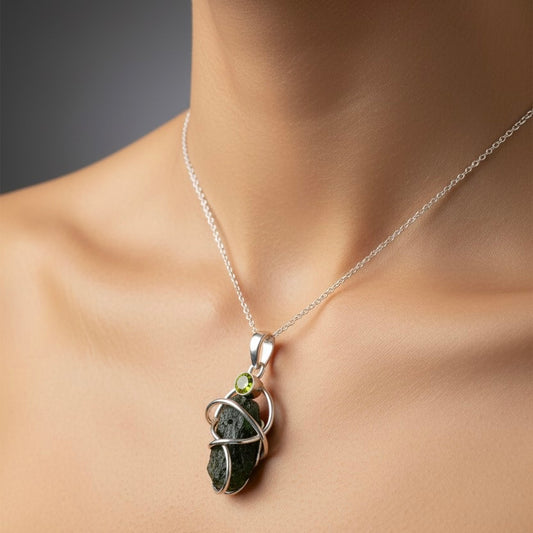 Natural Moldavite & Peridot Pendant – 925 Sterling Silver