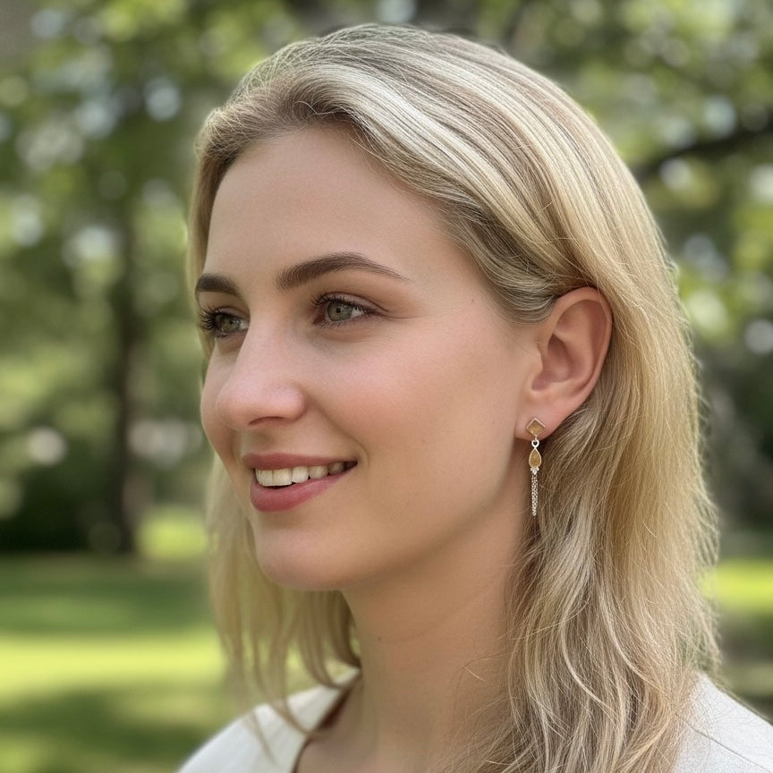 Natural Citrine Stud Earrings with Silver Chain Drop – 925 Sterling Silver