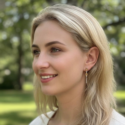 Natural Citrine Stud Earrings with Silver Chain Drop – 925 Sterling Silver