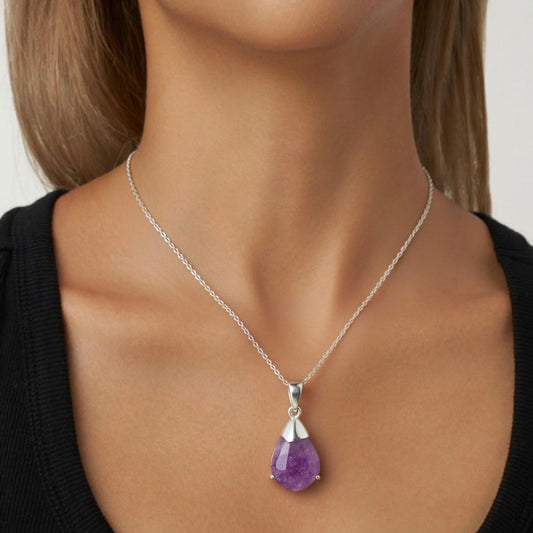 Raw Amethyst Pendant - 925 Sterling Silver