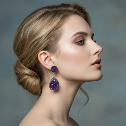Natural Amethyst Druzy Earrings - 925 Sterling Silver