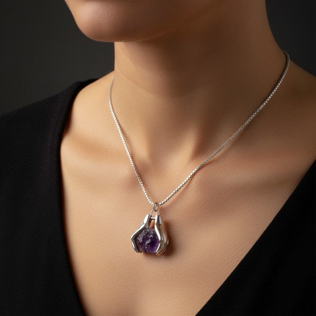 Healing Hands Pendant – 925 Sterling Silver - Moonstone or Amethyst