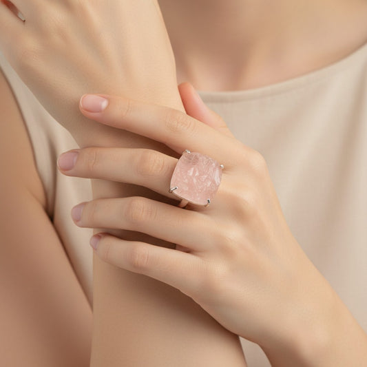 Natural Raw Rose Quartz Adjustable Ring In Sterling Silver