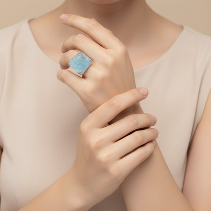 Natural Raw Aquamarine Adjustable Ring in Sterling Silver