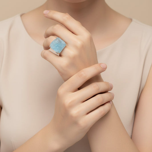 Natural Raw Aquamarine Adjustable Ring in Sterling Silver