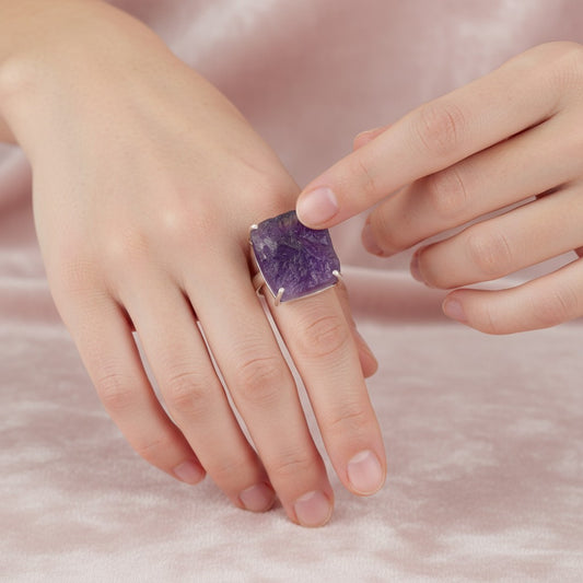 Natural Raw Amethyst Adjustable Ring in Sterling Silver