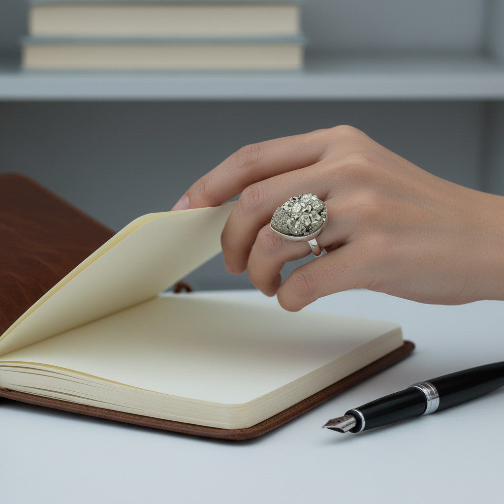 Raw Pyrite Teardrop Adjustable Ring in Sterling Silver