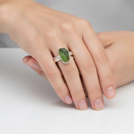 Natural Raw Peridot Adjustable Ring In Sterling Silver