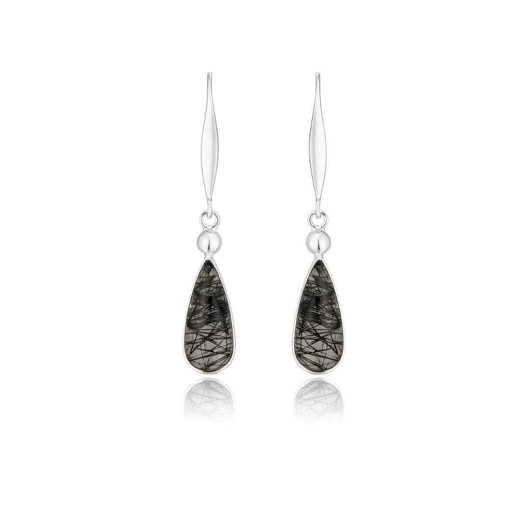 Natural Black Rutile Quartz Earrings - 925 Sterling Silver Long Drop