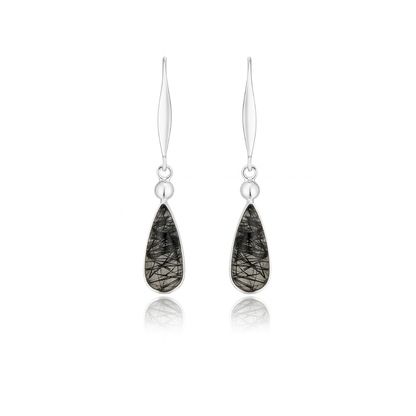 Natural Black Rutile Quartz Earrings - 925 Sterling Silver Long Drop