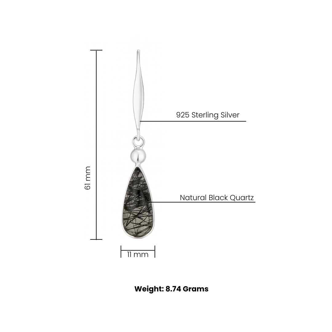 Natural Black Rutile Quartz Earrings - 925 Sterling Silver Long Drop