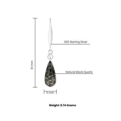 Natural Black Rutile Quartz Earrings - 925 Sterling Silver Long Drop