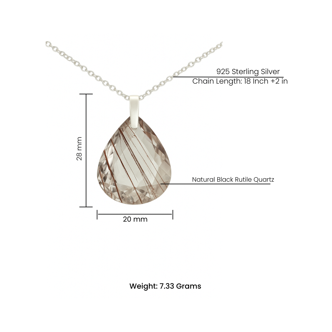 Black Rutile Quartz Teardrop Pendant - 925 Sterling Silver