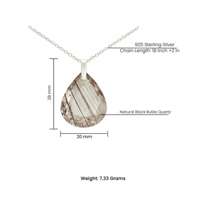 Black Rutile Quartz Teardrop Pendant - 925 Sterling Silver