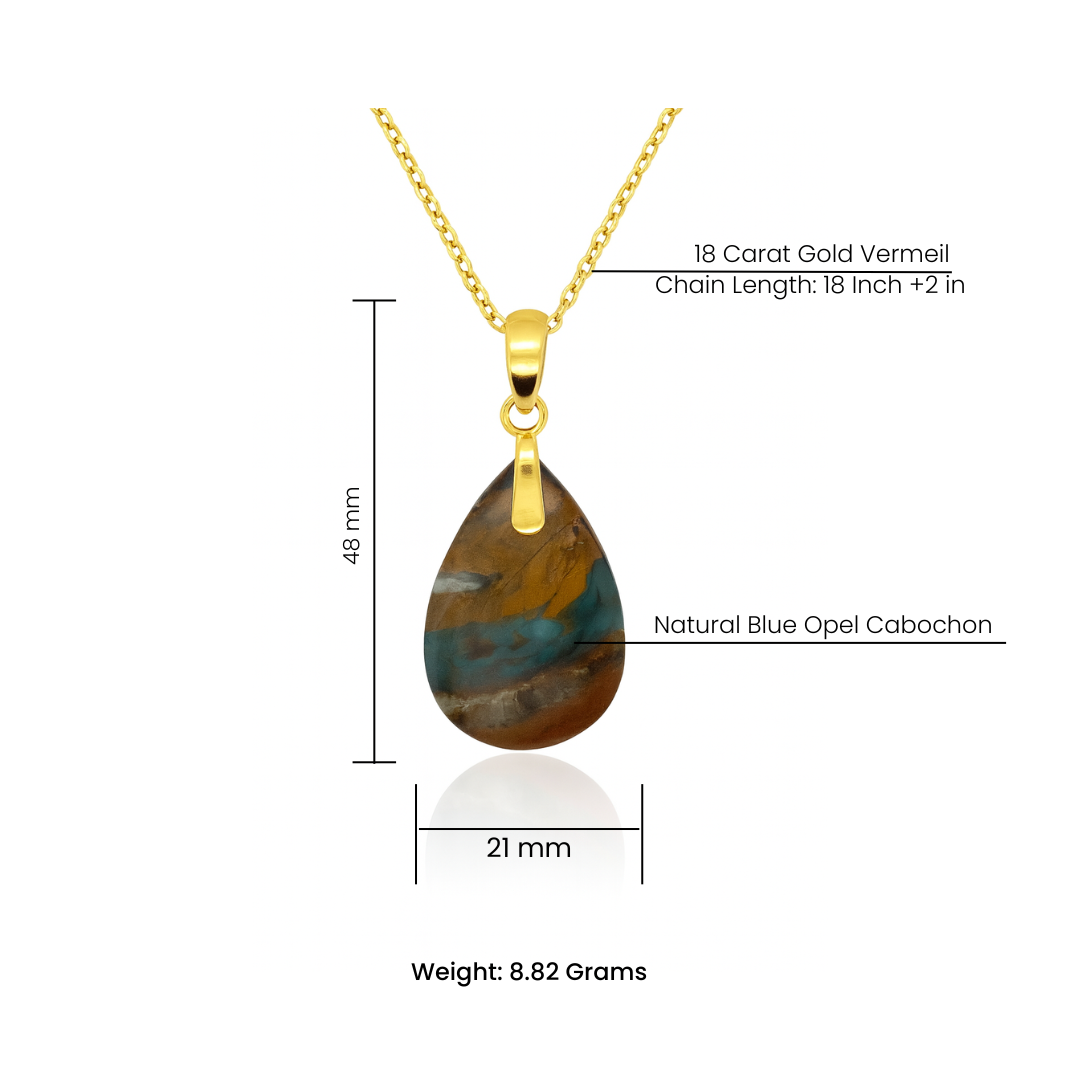 Natural Blue Opal Wood Cabochon Pendant – 18K Gold Vermeil