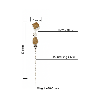 Natural Citrine Stud Earrings with Silver Chain Drop – 925 Sterling Silver