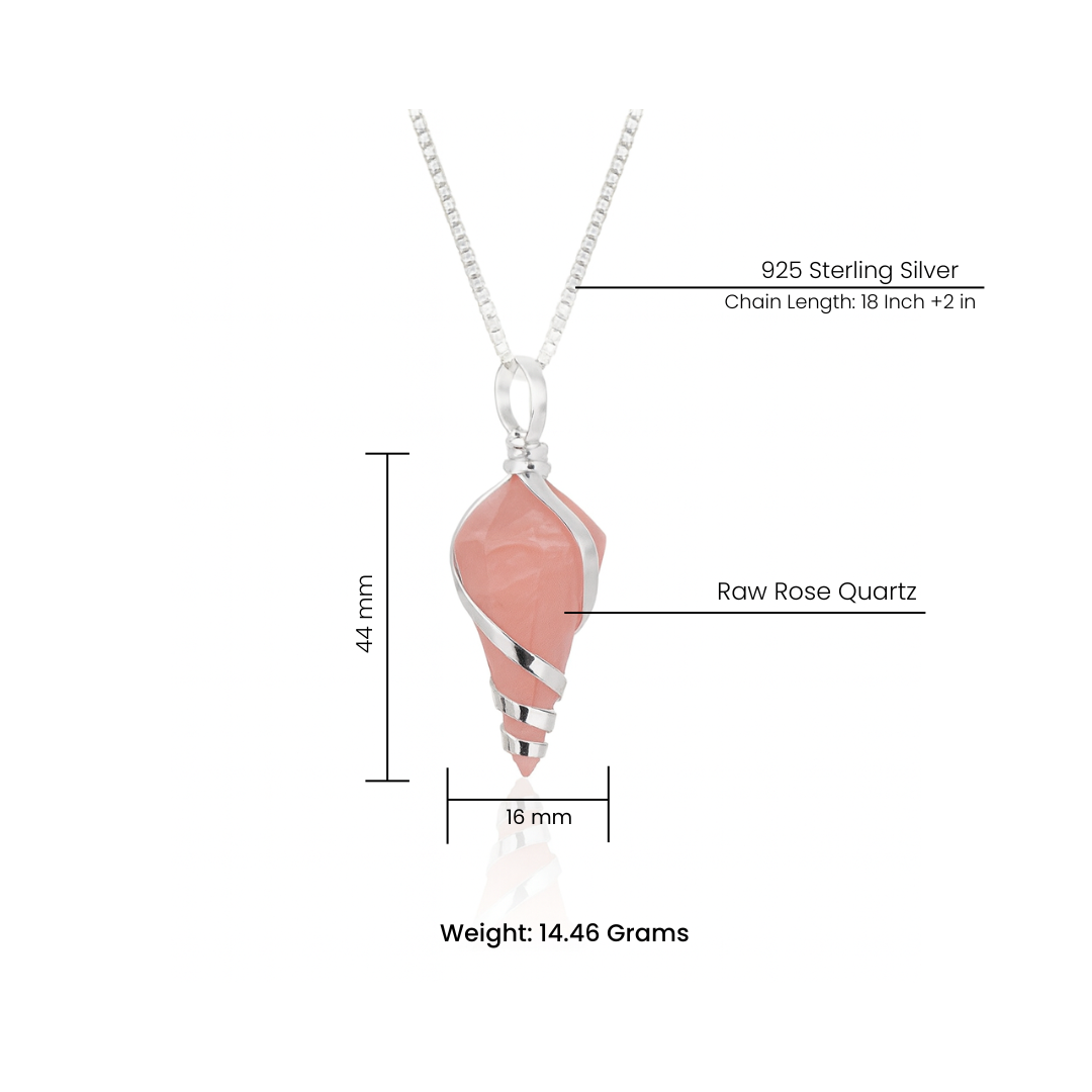 قلادة من الكوارتز الوردي الطبيعي مطلية بالفضة الإسترليني 925 – قلادة علاجية من الكريستال الخام