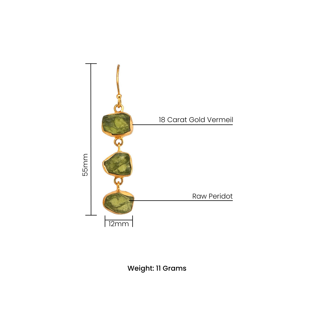 Triple Raw Peridot Drop Earrings – Handmade in Gold Vermeil