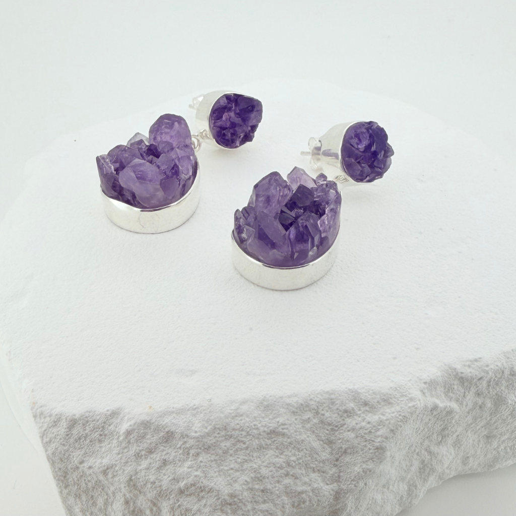 Natural Amethyst Druzy Earrings - 925 Sterling Silver