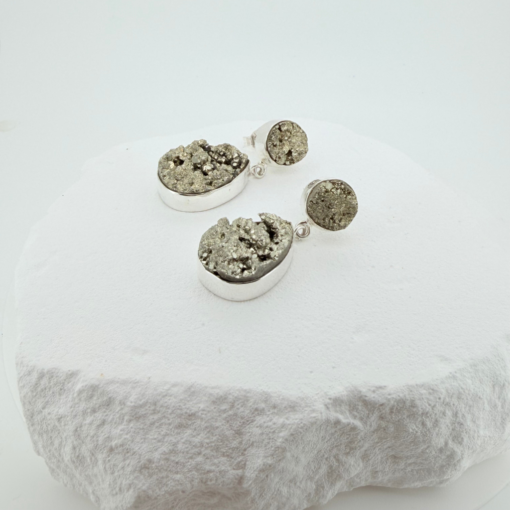 Natural Pyrite Druzy Drop Earrings - 925 Sterling Silver