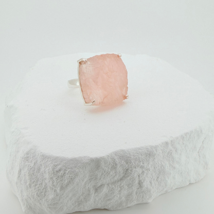 Natural Raw Rose Quartz Adjustable Ring In Sterling Silver