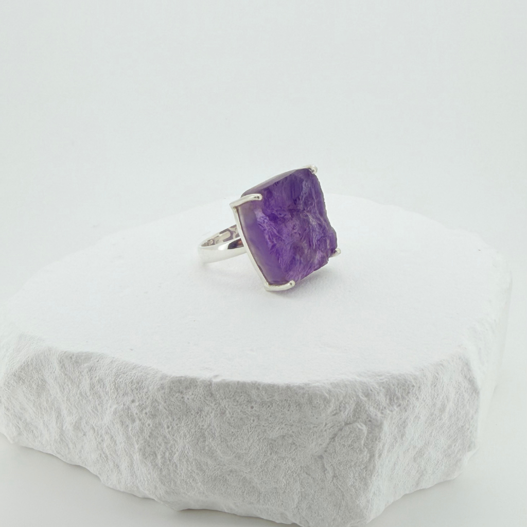 Natural Raw Amethyst Adjustable Ring in Sterling Silver