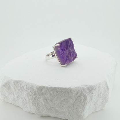 Natural Raw Amethyst Adjustable Ring in Sterling Silver