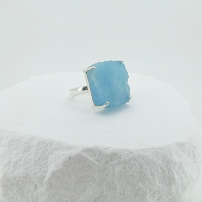 Natural Raw Aquamarine Adjustable Ring in Sterling Silver