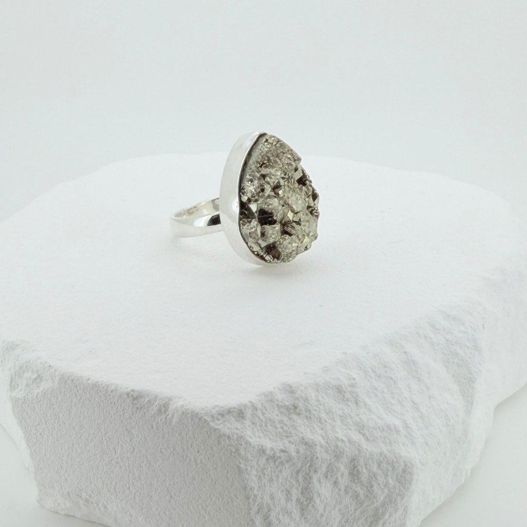 Raw Pyrite Teardrop Adjustable Ring in Sterling Silver