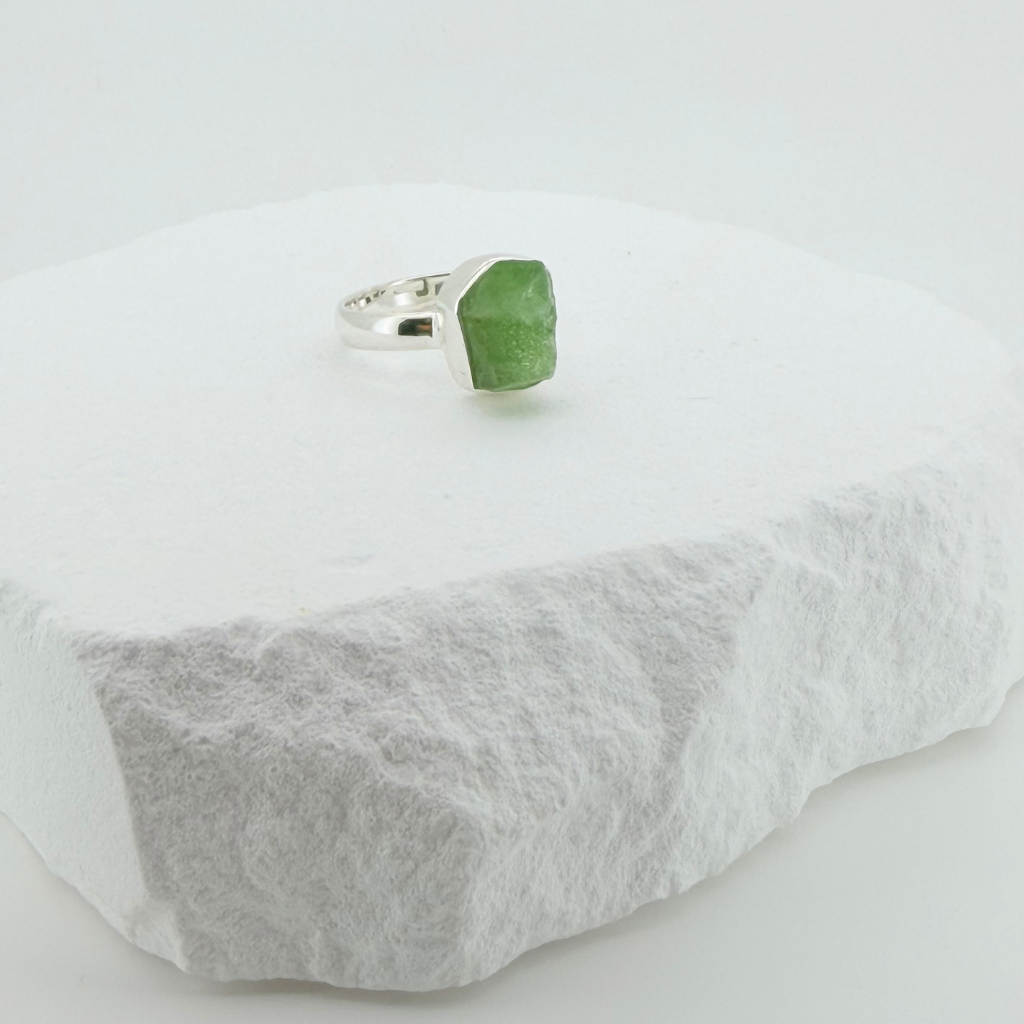 Natural Raw Peridot Ring In Adjustable Sterling Silver